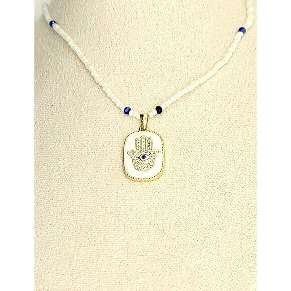 Handmade White Hamsa Necklace Pendant CZ Pave Bead Adjustable Gold Plated Chain - Picture 1 of 5